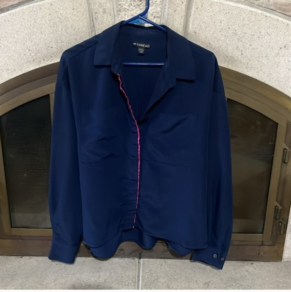 Navy Blue Button-Up Blouse with Pink Trim